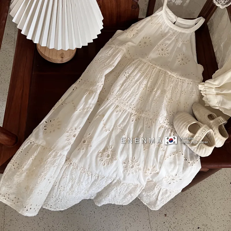Sommer Einfarbig Casual Mädchen Kleid 2-7 Jahre Alt Weiß Mittellanges Hosenträgerkleid Baumwolle Tragen Einfarbige Kinderkleidung