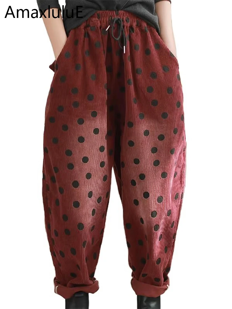 Amax luluE 2024 hiver femmes mode coréenne point ample chaud velours côtelé pantalon dames épaissir loisirs Vintage classique sarouel