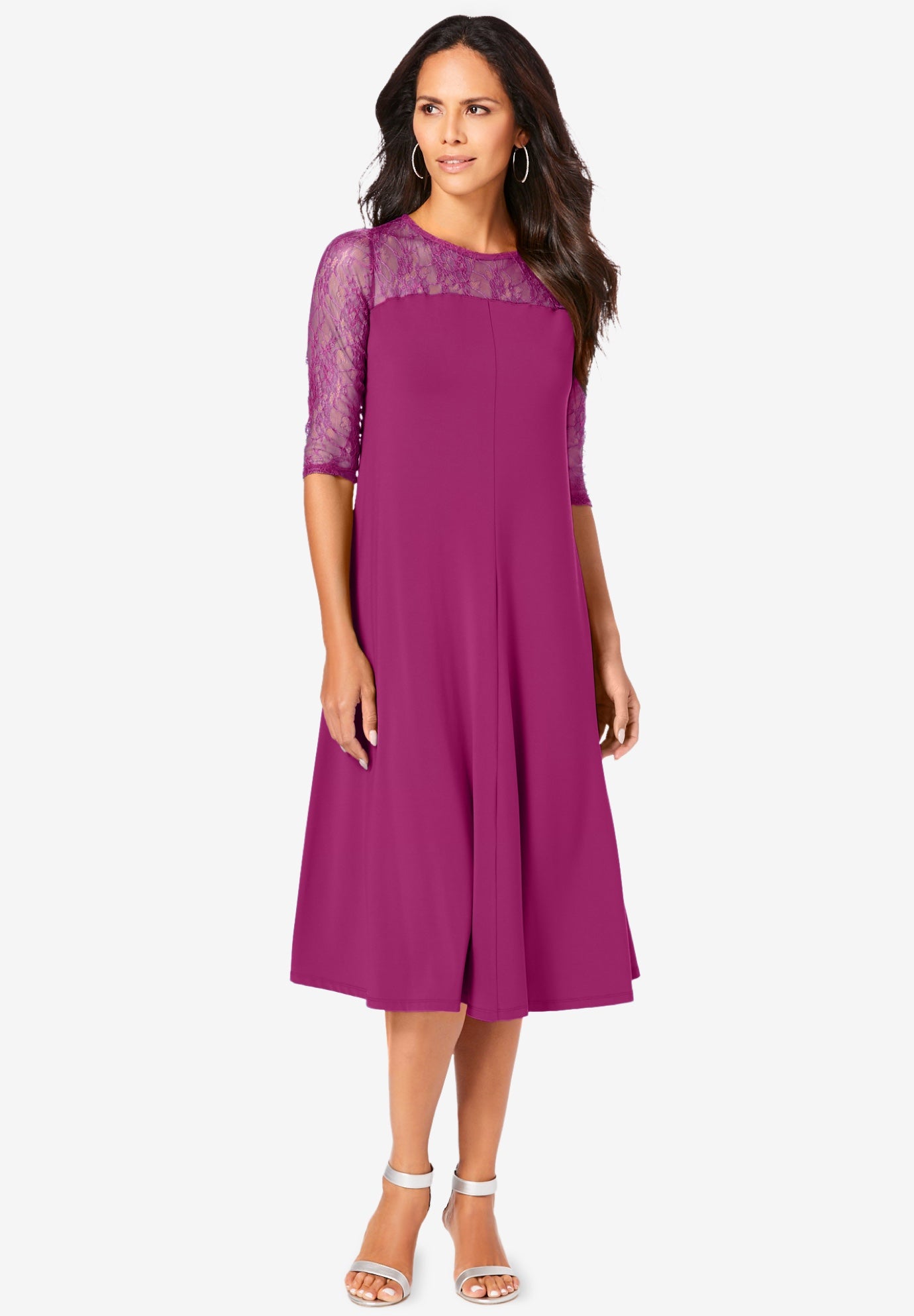 Plus Size Women's Plus Size 3/4 Sleeve Allover Lace Swing Dress by Roaman's in Raspberry (Size 22/24)