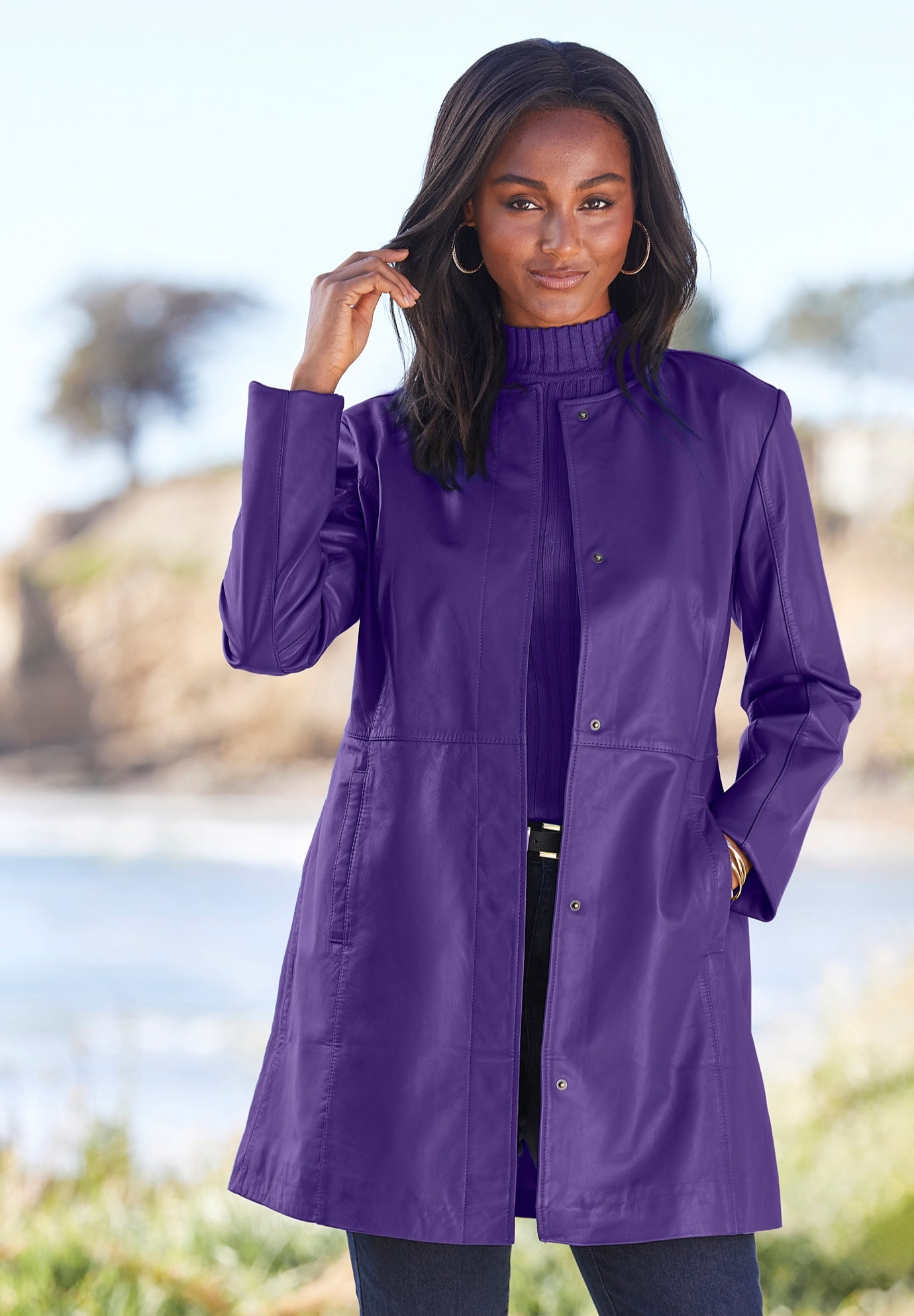 Plus Size Women's Three-Quarter Leather Jacket by Jessica London in Midnight Violet (Size 30 W)