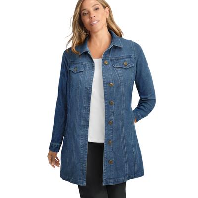 Plus Size Women's Long Denim Jacket by Jessica London in Medium Stonewash Embroidery (Size 12 W) Tunic Length Jean Jacket