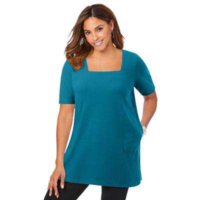 Plus Size Women's Stretch Cotton Square Neck Tunic by Jessica London in Deep Teal (Size M)