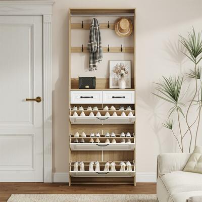 Narrow Shoe Cabinet with 3 Flip Drawers, 2 Top Drawers and 8 Hangers