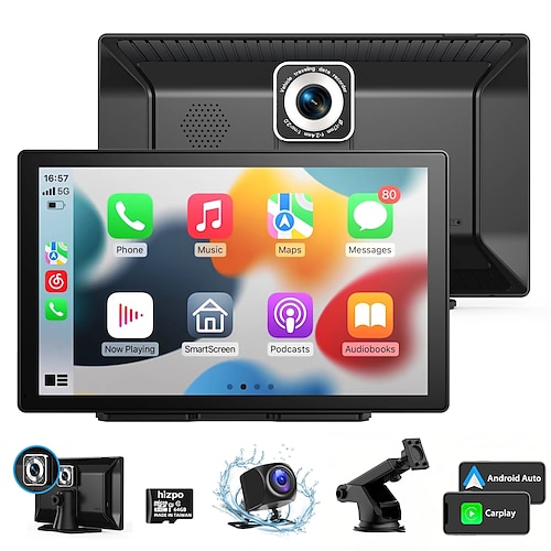 9-Zoll-Touchscreen für Apple Carplay, Android Auto Mirror Link, tragbares Bluetooth-Autoradio, GPS-Navigation mit 4K-Dashcam, 1080p-Rückfahrkamera Image
