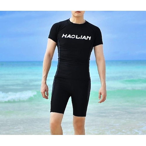 Herren Rash Guard Badeanzug Patchwork 2 teilig Spandex UPF50 Schnelltrocknend Kurzarm Bademode Badeanzug Surfen Schwimmen Sommer Image