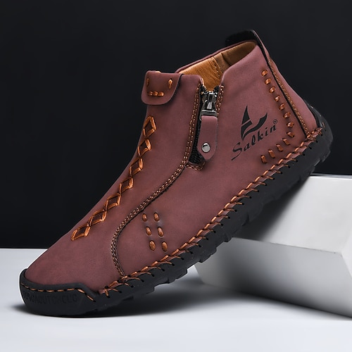 weiße Freizeitstiefeletten aus Kunstleder für Herren mit Reißverschluss und handgenähter Sohle stylisches und bequemes Outdoor-Schuhwerk Image