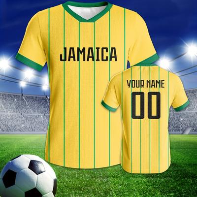 TEMU Custom Jamaica Men's Soccer Jersey - Personalized Name & Number, Breathable Polyester Sports Shirt, V-neck, Slight Stretch, Short Sleeve For Casual Or Training - Spring/summer Sports Top For Adults