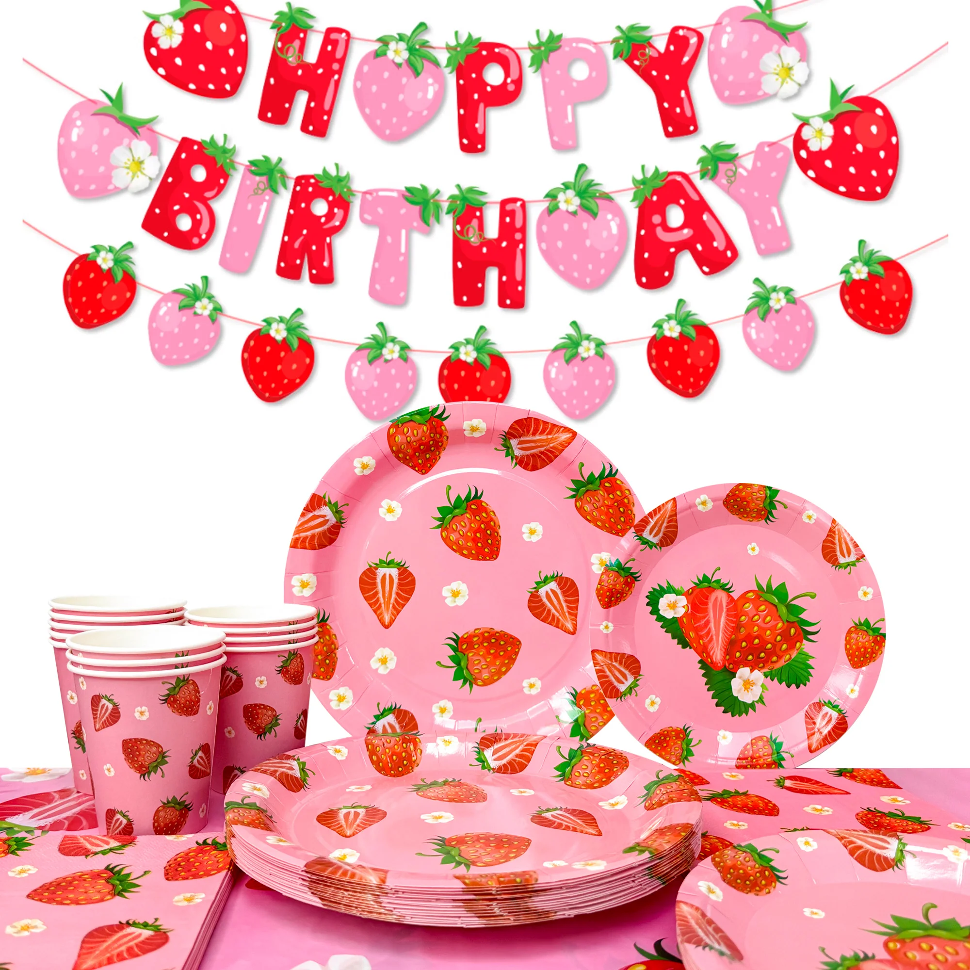 75 Stücke Erdbeere Geburtstag Party Teller Servietten Gabeln Liefert Sommer Obst Geschirr Set Erdbeere Thema Dekoration für Mädchen Image