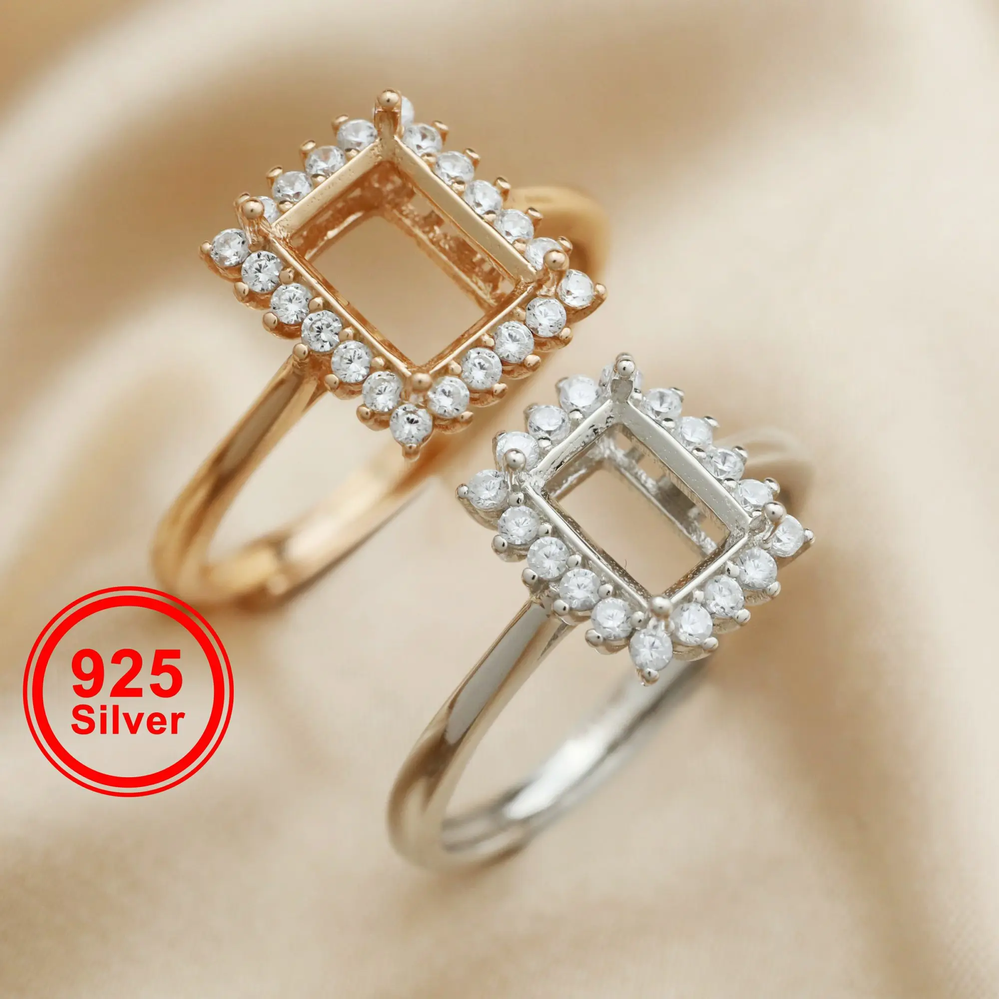 Rettangolo Halo Prong Ring impostazioni resina ricordo placcato oro rosa solido argento Sterling 925 anello fai da te castone forniture 1294354