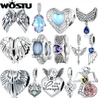 WOSTU 925 Sterling Silber Mondstein Flügel Perlen Herz Schutz Charm Vintage Engel Wächter Anhänger Fit Original Armband Armreif DIY