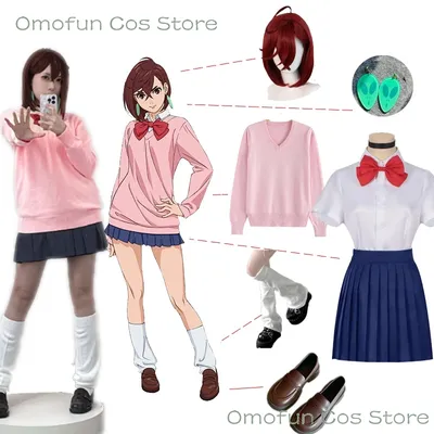 Momo Ayase Cosplay Kostüm Perücke Anime Dandadan Schule JK Uniform Ohrringe Rosa Pullover Rock Halloween Party Frauen Image