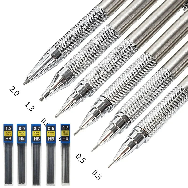 Druckbleistift aus Metall, 0,3/0,5/0,7/0,9/1,3/2,0 mm, Kunstzeichnung, automatischer Bleistiftersatz, HBminen, Nachfüllungen für Zuhause, Schulbedarf Image