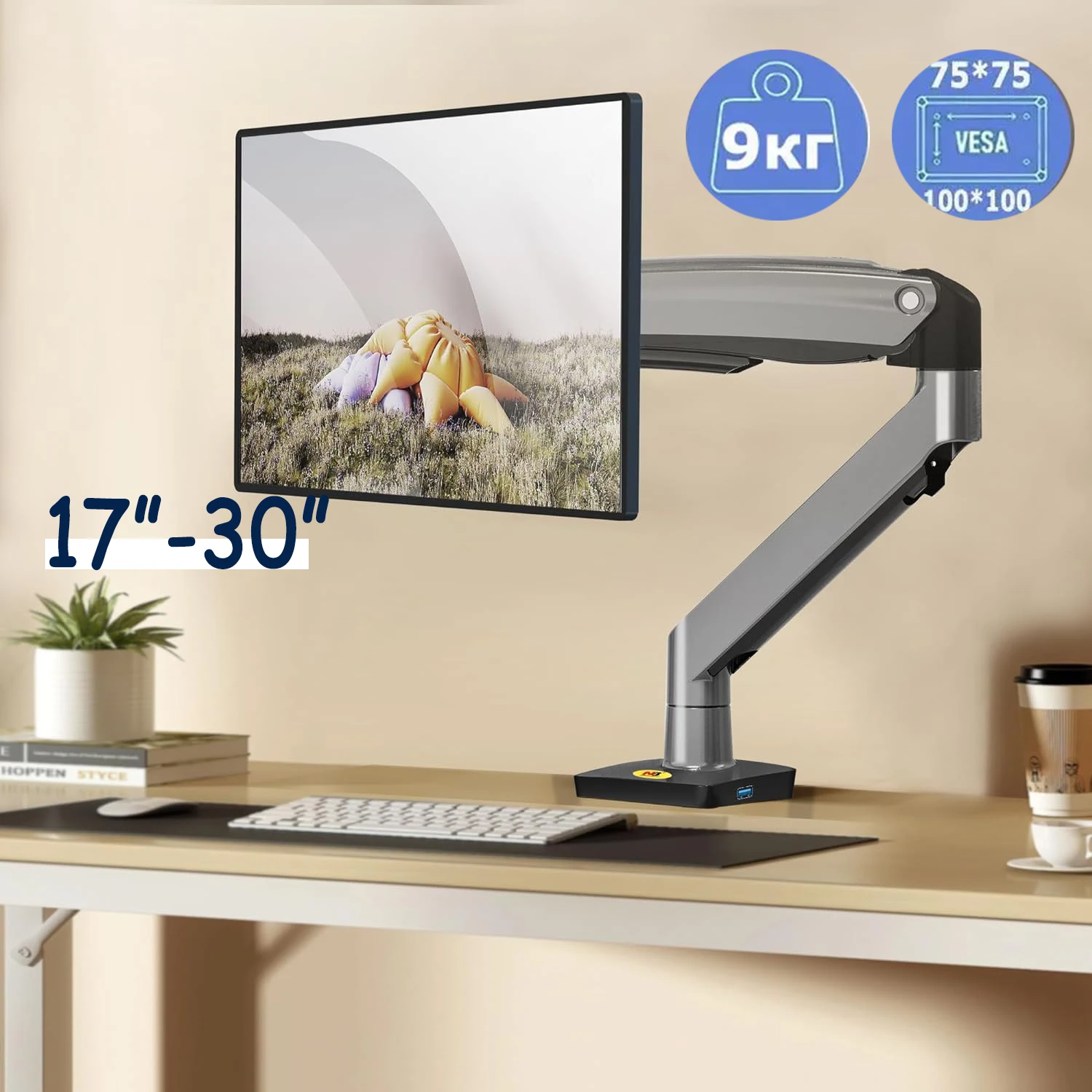 Einzelne Monitorhalterung für 17–30 Zoll 2–9 kg Bildschirm, Computer-Schreibtischhalterung, Ständer, Laptop, Desktop, Klemmständer, verstellbare Gasfeder Image