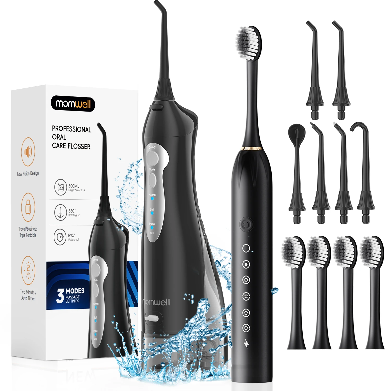 Mornwell Tragbarer Wasserflosser mit Elektrischer Zahnbürste Kombi: Zahnfleischpflege - Zähneputzen & Zahnseilen für Erwachsene, Reisegebrauch, D52 & X3 Image