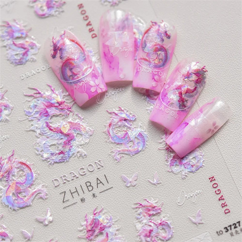 1 stücke 5d japanische Luxus rosa Drachen Nail Art Aufkleber bunte Glitzer Relief Nagel Dekorationen Abziehbilder DIY Maniküre Zubehör Image
