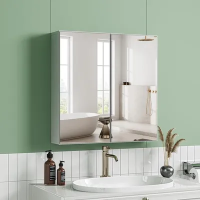 Bathroom Mirror Cabinet Double Door, Wall Mounted Storage Cupboard, Mirror Cabinet for Bathroom with Adjustable Shelf, White