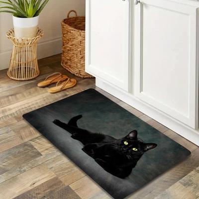 TEMU 1pc Thick 1.1cm Black Cat Print Kitchen Floor Mat, Polyester Fiber, Machine Washable, Non-slip Backing, Ideal For Kitchen, Living Room, Porch, Balcony & Home Decor, Kitchen Floor Mat Image