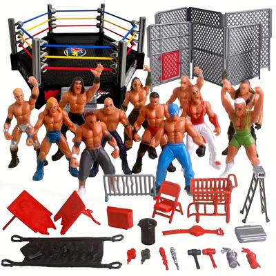 TEMU 32 Mini Wrestling Dolls And Accessories, With 12 Wrestling Action Dolls, A Hexagonal , A Cage, And Many Realistic Accessories, Birthday, Christmas, And Gifts