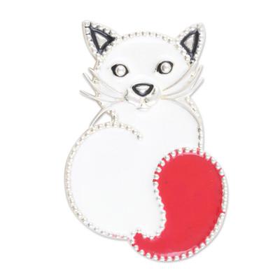 Fancy Cat,'Red Cat-Themed Sterling Silver Brooch Pin from India'