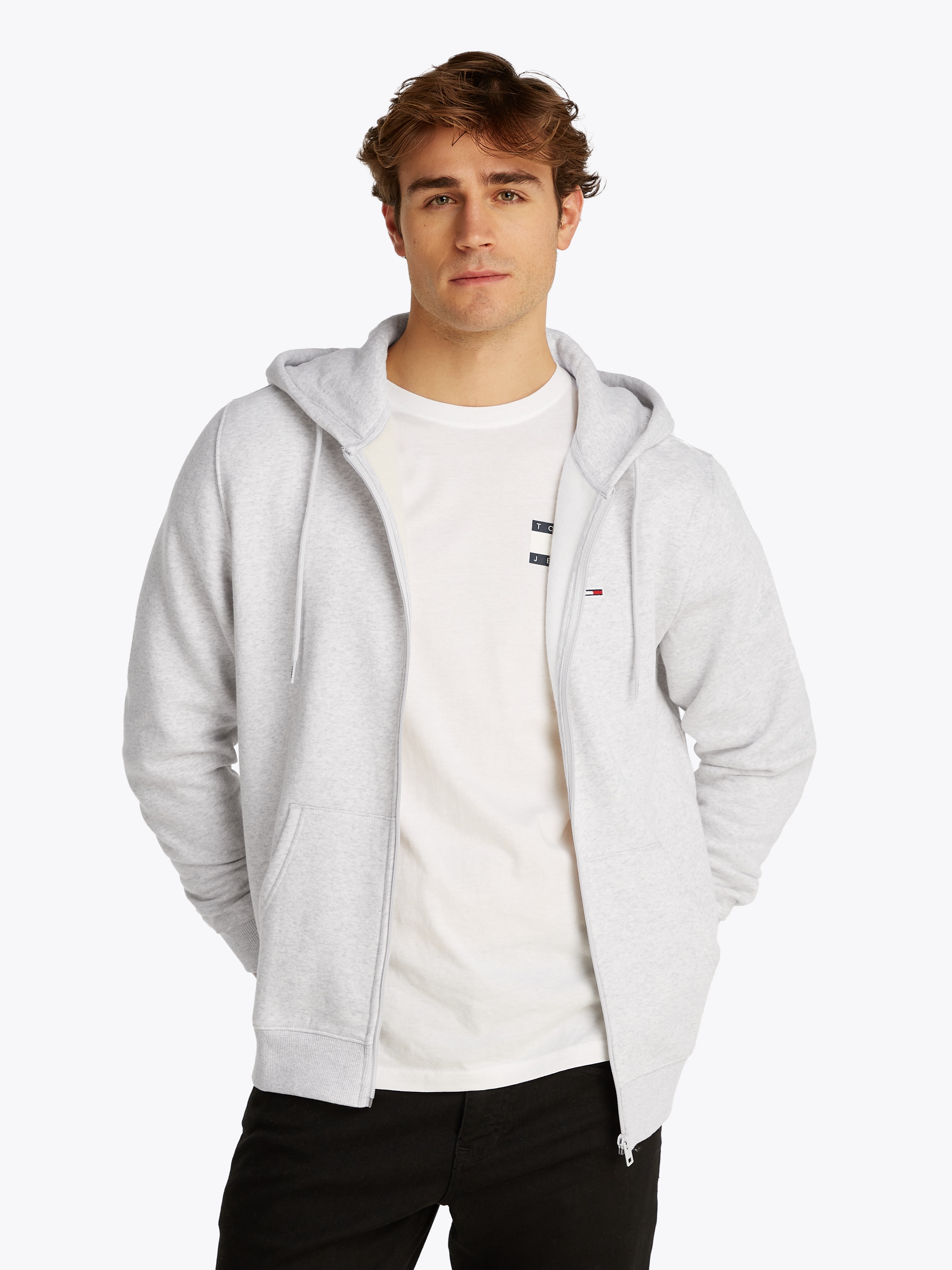 Sweatshirt TOMMY JEANS "TJM REG S FLAG ZIP FLEECE THRU", Herren, Gr. L, grau (silber grau heather), Sweatware, Obermaterial: 80% Baumwolle, 20% Polyester, regular fit, breiter Bund, Sweatshirts Sweatshirt, mit bestickten Markenlogo auf Brusthöhe
