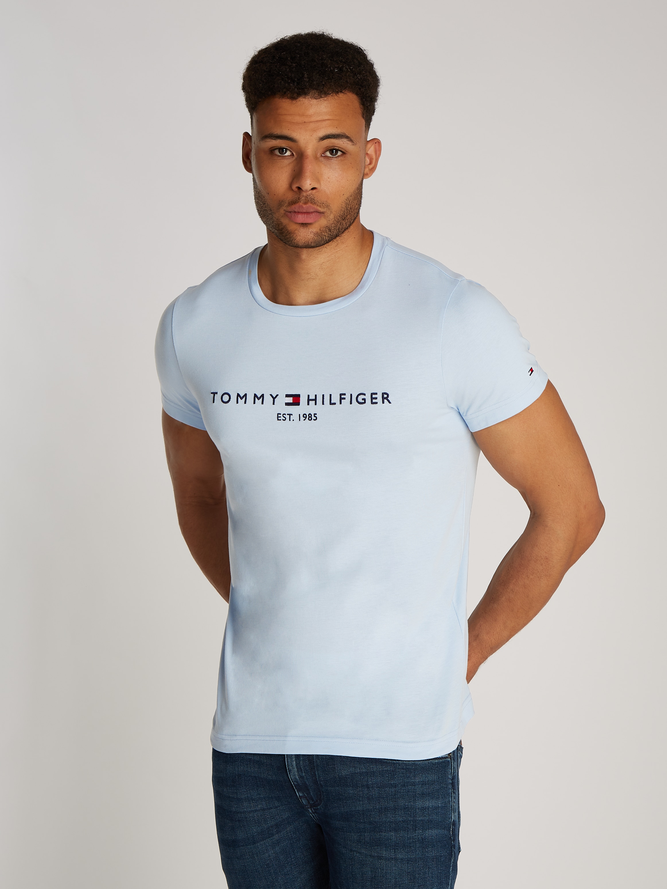 T-Shirt TOMMY HILFIGER "TOMMY LOGO TEE", Herren, Gr. XXXL, blau (breezy blau), Jersey, Obermaterial: 100% Baumwolle, bedruckt, unifarben, schmal hüftbedeckend, Rundhals, eingesetzt abgesteppt, Shirts, aus reiner Baumwolle Image