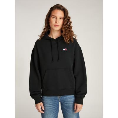 Hoodie TOMMY JEANS "TJW BXY BADGE HOODIE EXT", Damen, Gr. XS (34), schwarz, Sweatware, Obermaterial: 100% Baumwolle, unifarben, casual, bequem hüftlang, Langarm Rippbündchen, Sweatshirts, mit Logo-Badge Image