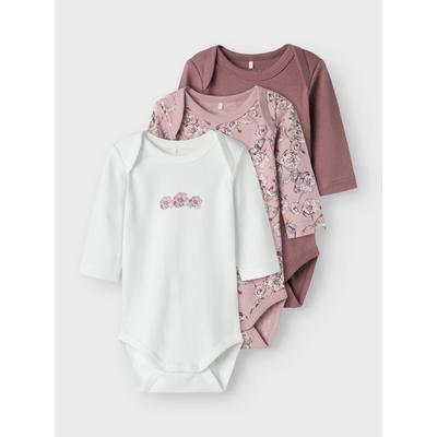 Langarmbody NAME IT "NBFBODY 3P LS GRAPE FLOWER NOOS", Baby, Gr. 56, N-Gr, lila (grape shake), Sweatware, Obermaterial: 100% Baumwolle, unifarben, bedruckt, casual, regular fit, amerikanischer Ausschnitt, Langarm, Bodies Image