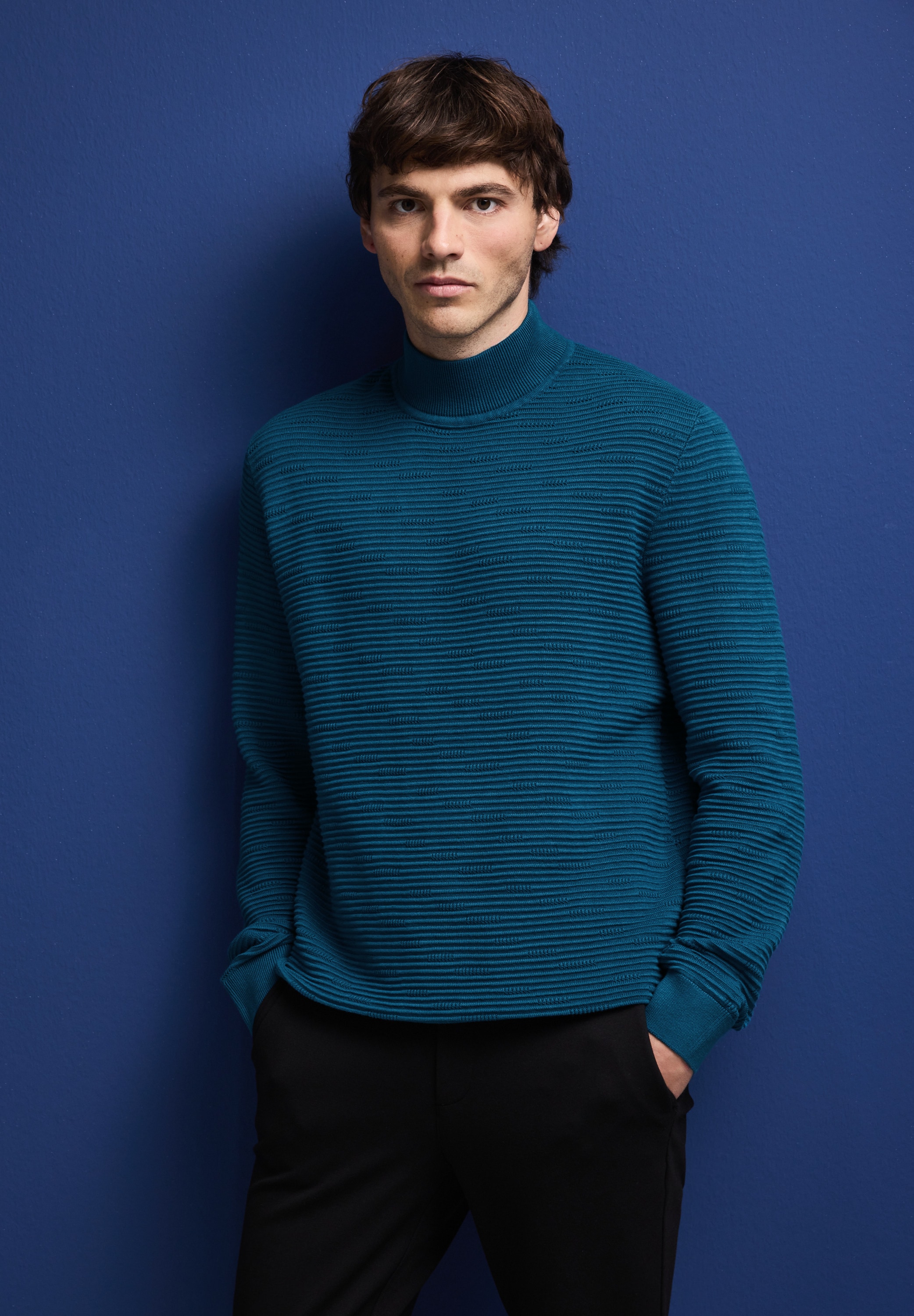 Stehkragenpullover STREET ONE MEN, Herren, Gr. XXL46, blau (digital blau), Web, 100% Baumwolle, unifarben, normal normal, hoch geschlossener Ausschnitt, Bündchen, Pullover, aus reiner Baumwolle Image