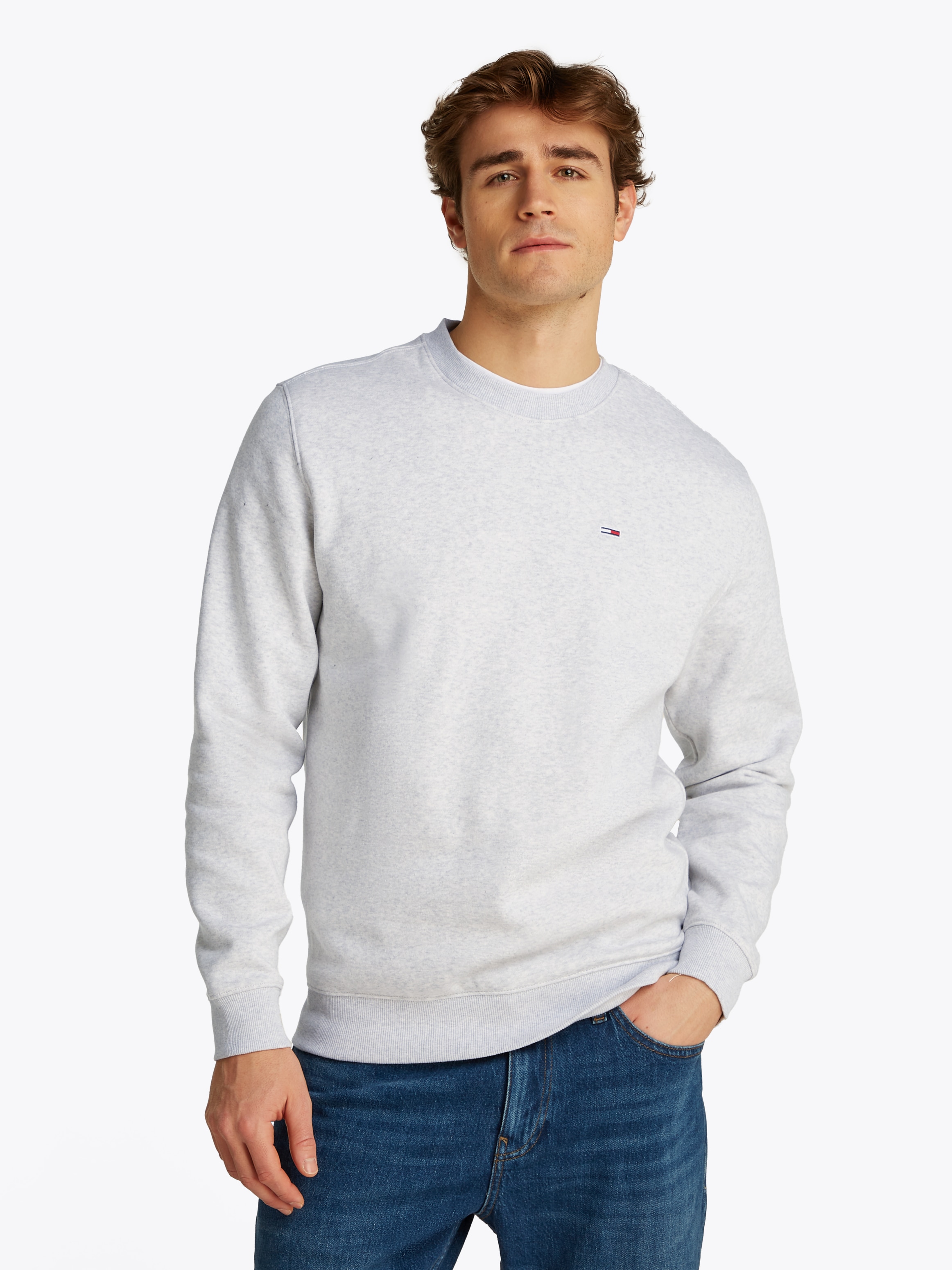 Sweatshirt TOMMY JEANS "TJM REG S FLAG CREW", Herren, Gr. 3XL, grau (silber grau heather), Sweatware, Obermaterial: 80% Baumwolle, 20% Polyester, unifarben, regular fit normal, Rundhals, eingesetzt Rippbündchen, Sweatshirts Sweatshirt, Mit...