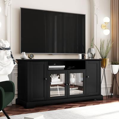 Modern TV Stand with Glass Doors, 6 Shelves, Adjustable Cabinets, for TVs up to 65" - Transitional Design