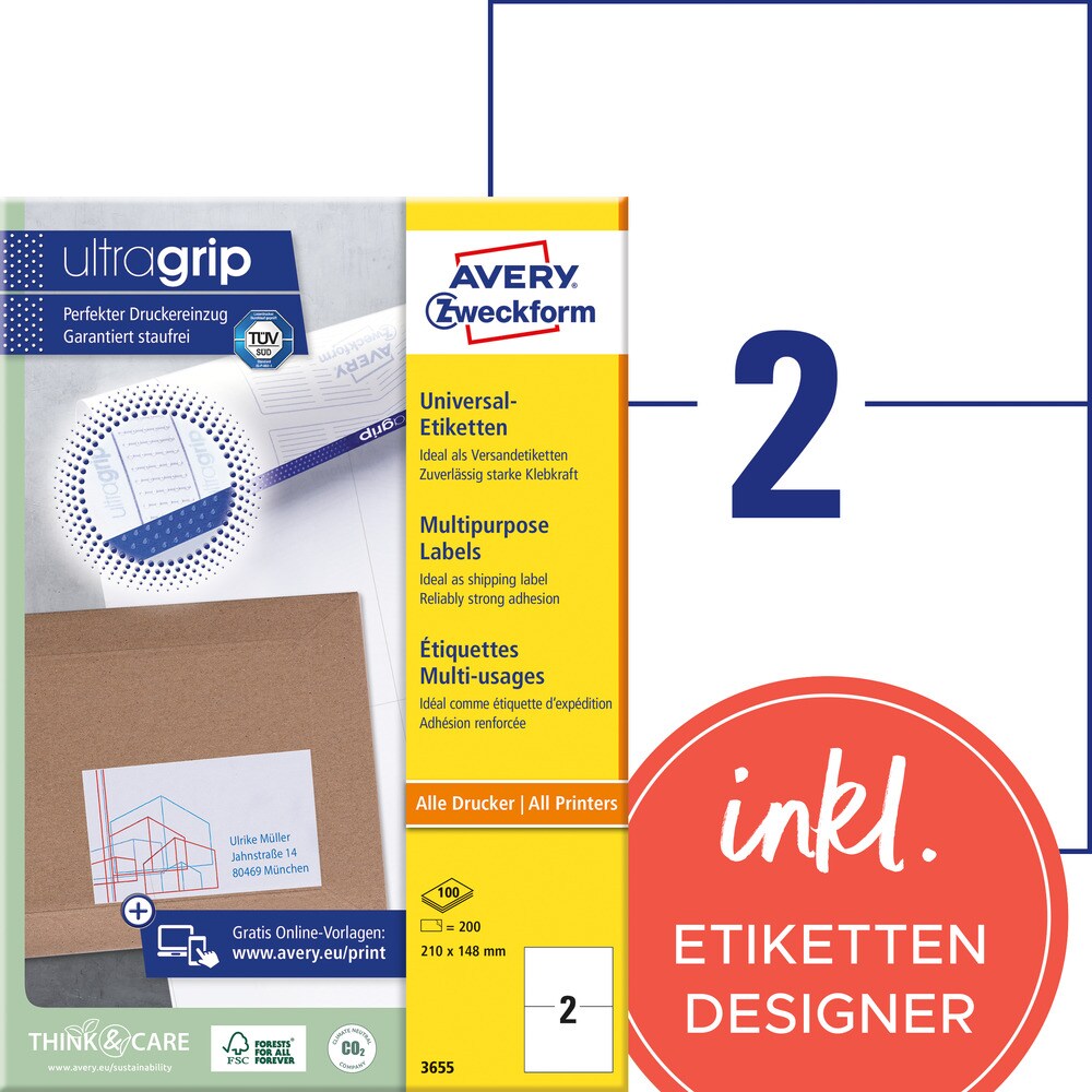 Avery Zweckform 3655 Universal-Etiketten, A4 mit ultragrip, 210 x 148 mm, 100 Bogen/200 Etiketten, weiß Image