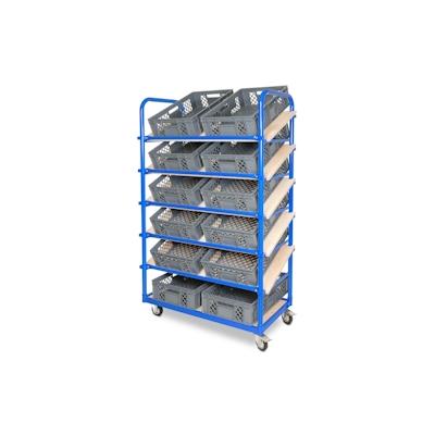 BRB Schrägboden-Regalwagen mit 6 Ebenen, BxTxH 1050x500x1690 mm, 2 Lenk- (mit Feststellbremse) u. 2 Bockrollen mit 12 Euroboxen BxTxH 600x400x150 mm Image