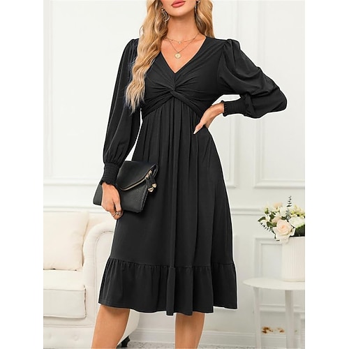 Per donna Abito Midi Vestito Casual Abito da Cocktail Abito in Raso Vestito a ruota Casual Sport Outdoor Streetwear Vestibilità regolare Semplice Manica Lunga Scollo a V Nero Blu Fucsia Autunno