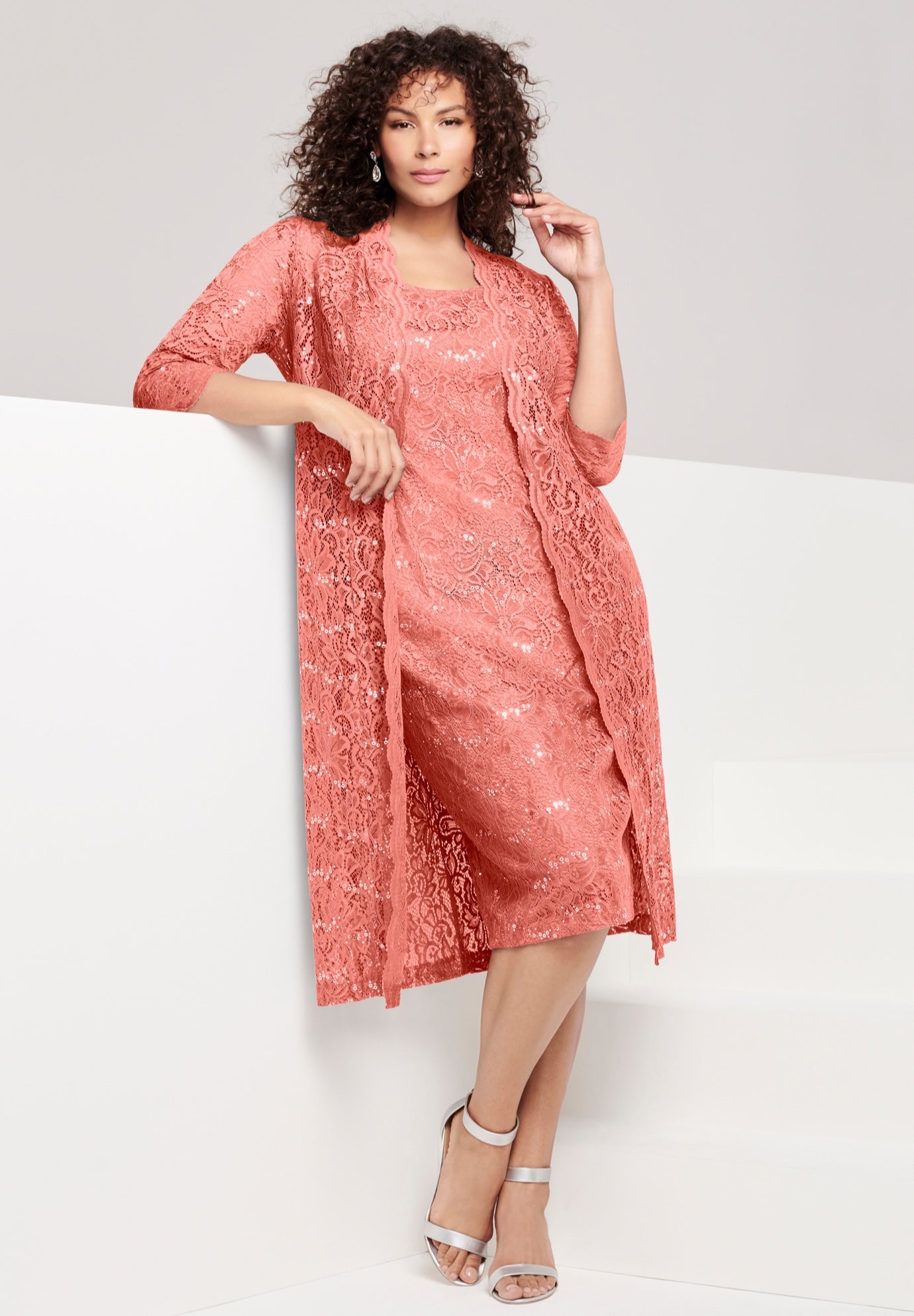 Plus Size Women's Plus Size 3/4 Sleeve Formal Duster Sequin - Embellished Lace Dress Set by Roaman's in Desert Coral (Size 22 W) Formal Evening