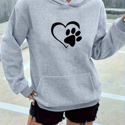 TEMU Heart & Paw Print Kangaroo Pockets Hoodie, Casual Long Sleeve Pullover Hooded Sweatshirt For Fall & Winter, Women's Clothing Image