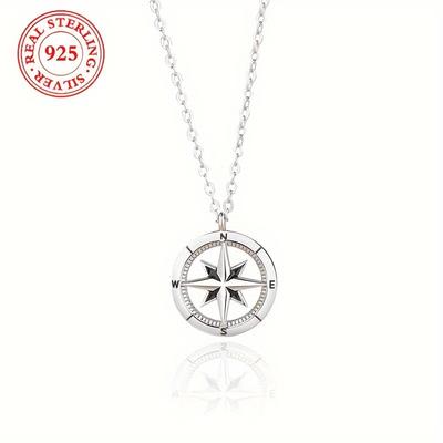 TEMU Exquisite 925 Sterling Silver Geometric Compass Pendant Necklace With Star - Elegant, Dainty, And Versatile Jewelry For Women And Girlfriend - Perfect Gift For Any Occasion