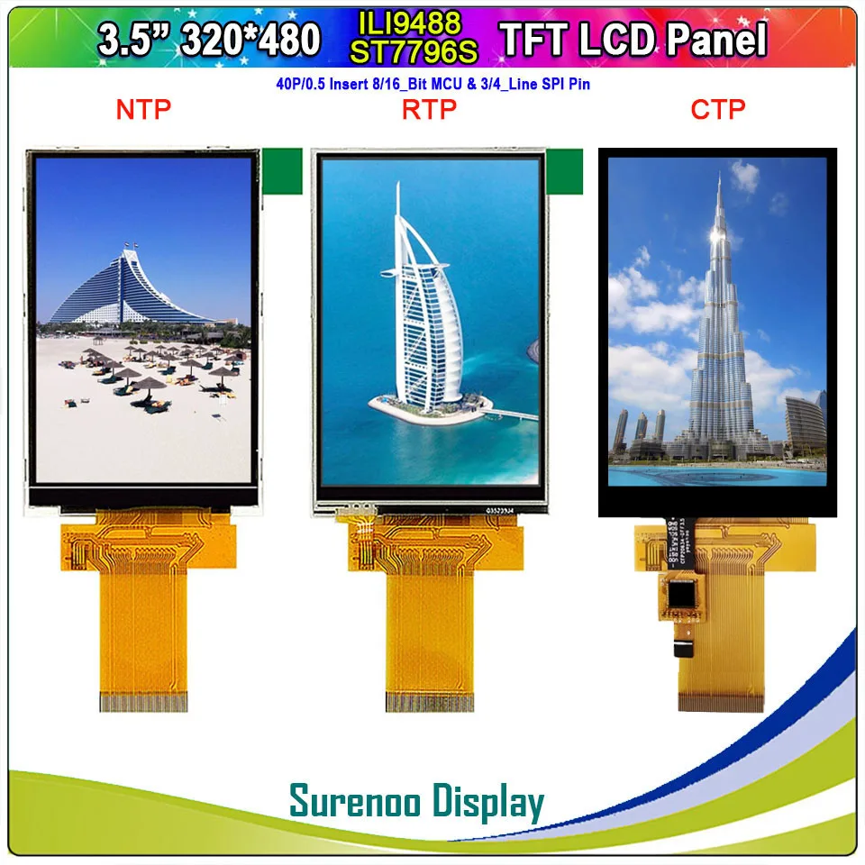 3,5" Zoll 320*480 40P/0,5 ILI9488 ST7796S 8/16 MCU 3/4 SPI TFT Farb-LCD-Modul-Display Resistives kapazitives Touchpanel