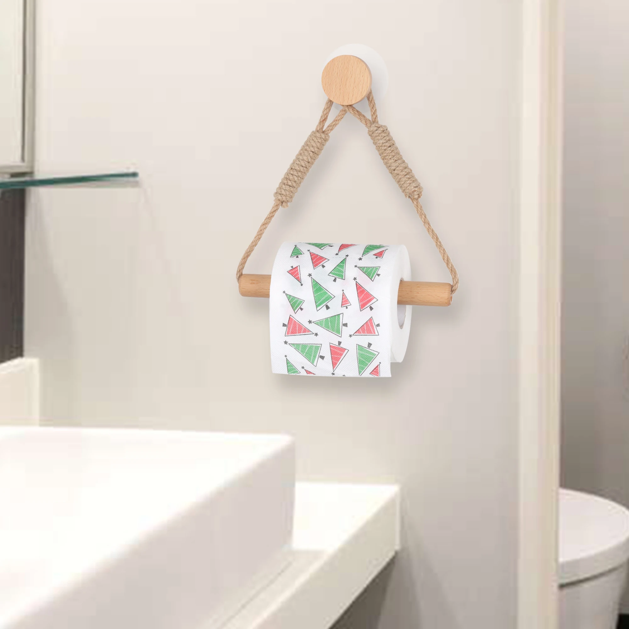 Toilettenpapierhalter aus Holz, Badezimmerzubehör, nagelfreier Papierhandtuch-Taschentuchhalter, an der Wand montierter dreieckiger Toilettenhandtuchhalter Image