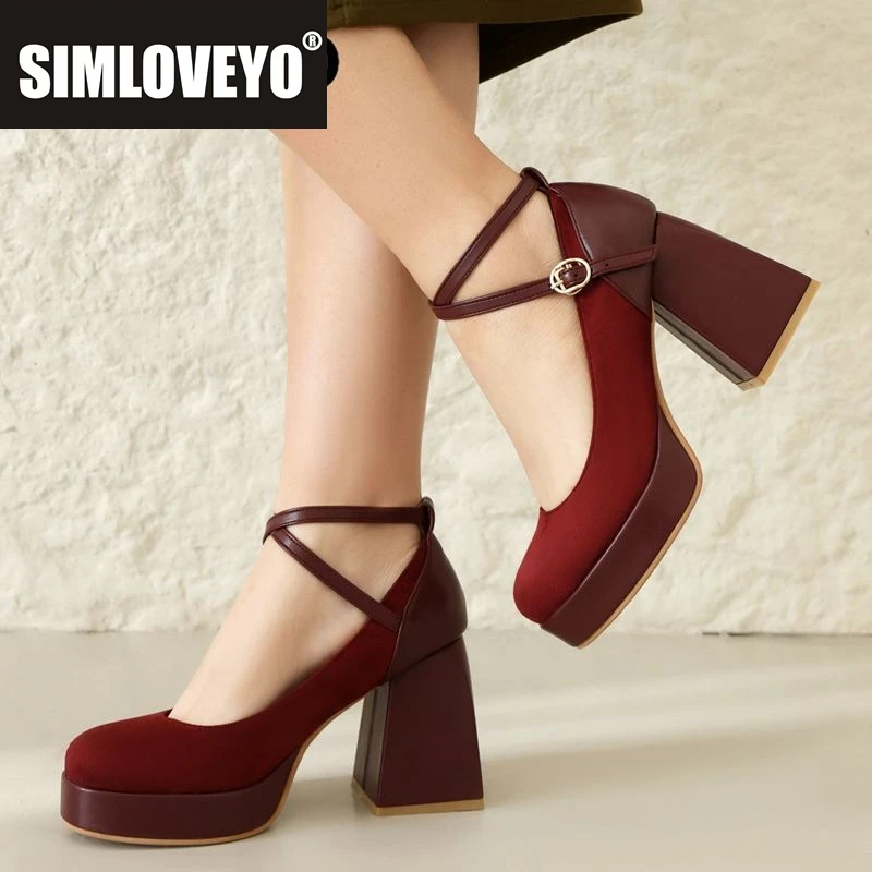 SIMLOVEYO Mode Frauen Pumpen 32 33 Runde Kappe Block Heels 9 cm Flock Knöchel Schnalle Plus Größe 44 45 hochzeit Party Schuhe