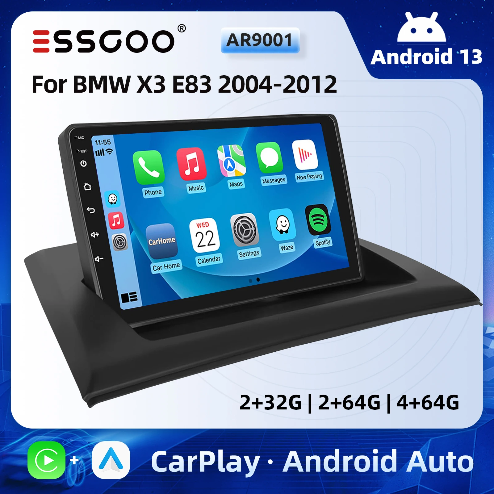ESSGOO 9" Android 13 Autoradio Wireless Carplay/Android Auto Touchscreen GPS Navi Bluetooth RDS für BMW X3 E83 2006-2010 Image