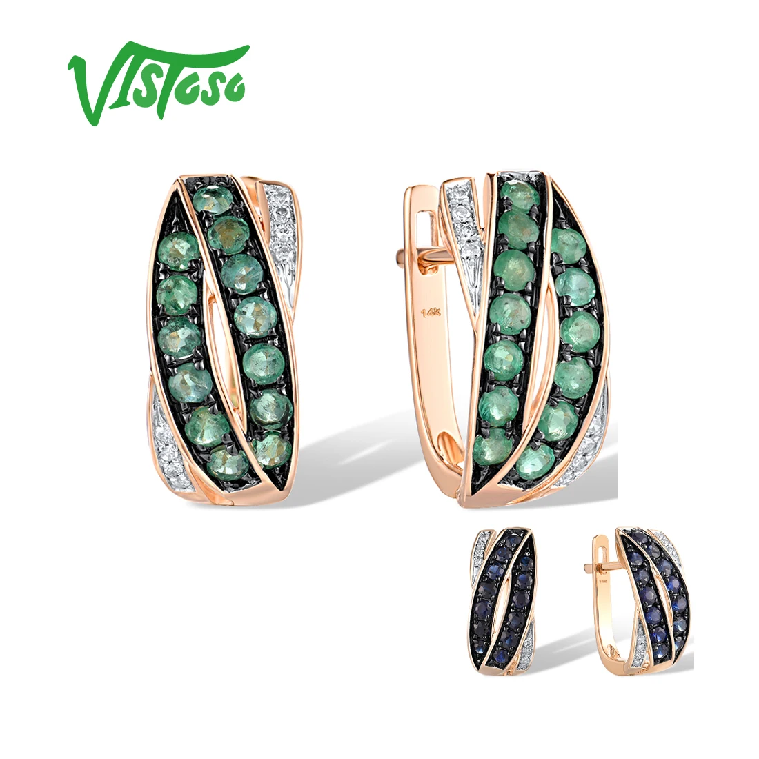 Vistoso 14k 585 rosé gold ohrringe für frauen funkeln der diamant glamourös smaragdblau saphir klassisches hochzeits geschenk feiner schmuck Image