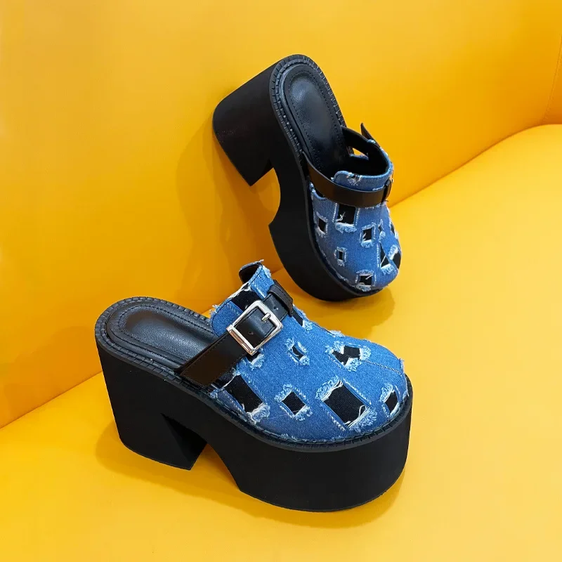 Schuhe für Frauen Sexy High Heel Hausschuhe Dicken absätzen Denim Zerrissenen Kappe Kopf Hausschuhe Höhe Zunehmende Kappe Schuhe Plus größe 35-43