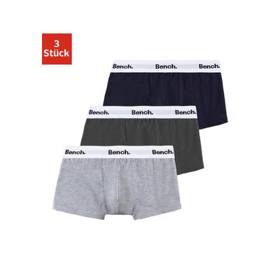 Boxer BENCH. "Boxershorts für Jungen", Kinder, Gr. 146/152, 3 St., blau (anthrazit, grau, meliert, navy), Jersey, Obermaterial: 95% Baumwolle, 5% Elasthan, unifarben, körpernah, Unterhosen, mit weißem Bund mit Bench Schriftzug Image