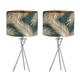 firstchoicelighting Set of 2 Polished Chrome Tripod Table Lamps or Bedside Lights, Modern, Dark Green Gold Leaf Shades, Height 52cm, LED Compatible