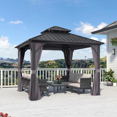 PURPLE LEAF Gazebo Outdoor Gazebo with Dual-Layer Galvanized Steel Double Roof Aluminum Gazebo with Netting and Curtains Grey
