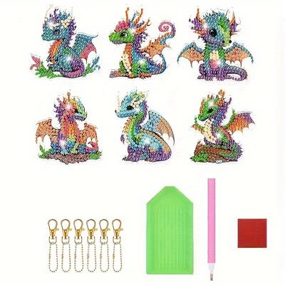 TEMU 6-pack Diy Diamond Painting Keychain Kits With Irregular Shaped Acrylic Beads - Dragon Design, Handmade Craft Set For Party Favors & Backpack Charms