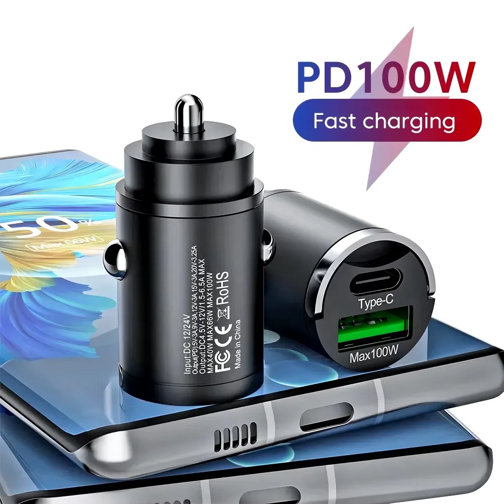 Mini 100W PD QC Pull Ring Super Schnelle Lade Auto Ladegerät USB C Auto Telefon Ladegerät Adapter Für iPhone Xiaomi Samsung Huawei Image