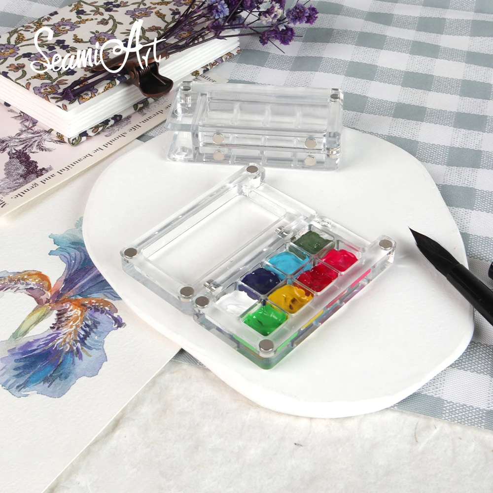 SeamiArt 2 Stück transparente magnetische Mini-Reise-Malschachtel aus Kunststoff für Aquarellfarben, Unterpaket Image