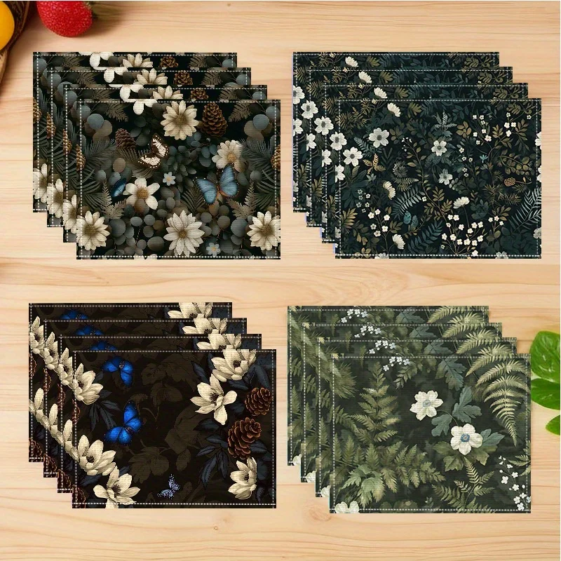 4-teiliges Tischset, Tischset, Bauernhaus-Wind, rutschfeste Leinen-Tischsets, Blumendruck, Familienparty-Dekoration, maschinenwaschbar Image