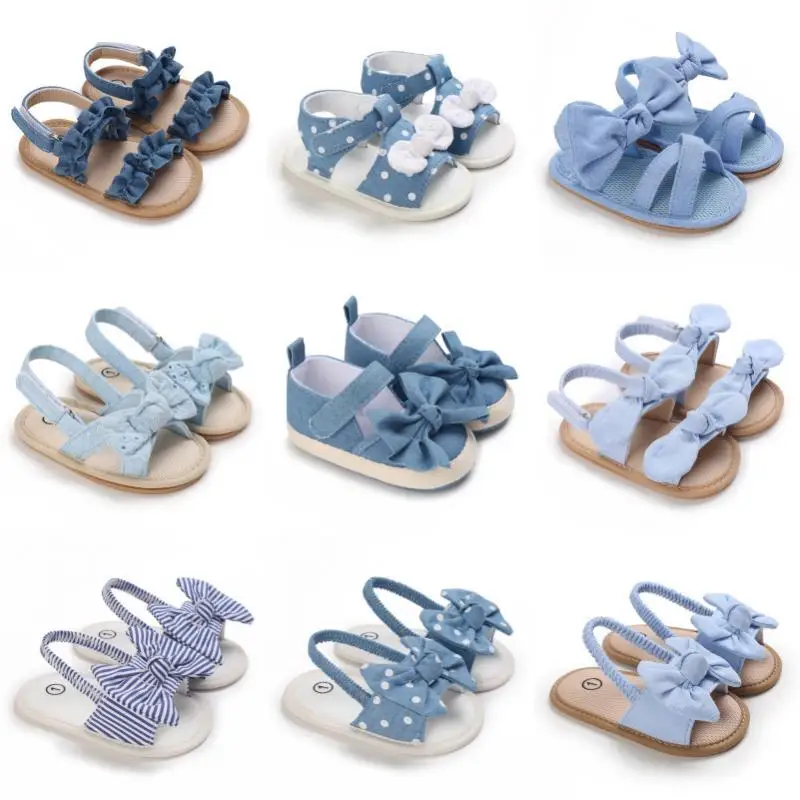 0-18 Monate süße Babyschuhe Sommer kleine frische blaue Schleife Prinzessin Schuhe Sandalen weiche und bequeme Sohlen Slip Wanderschuhe